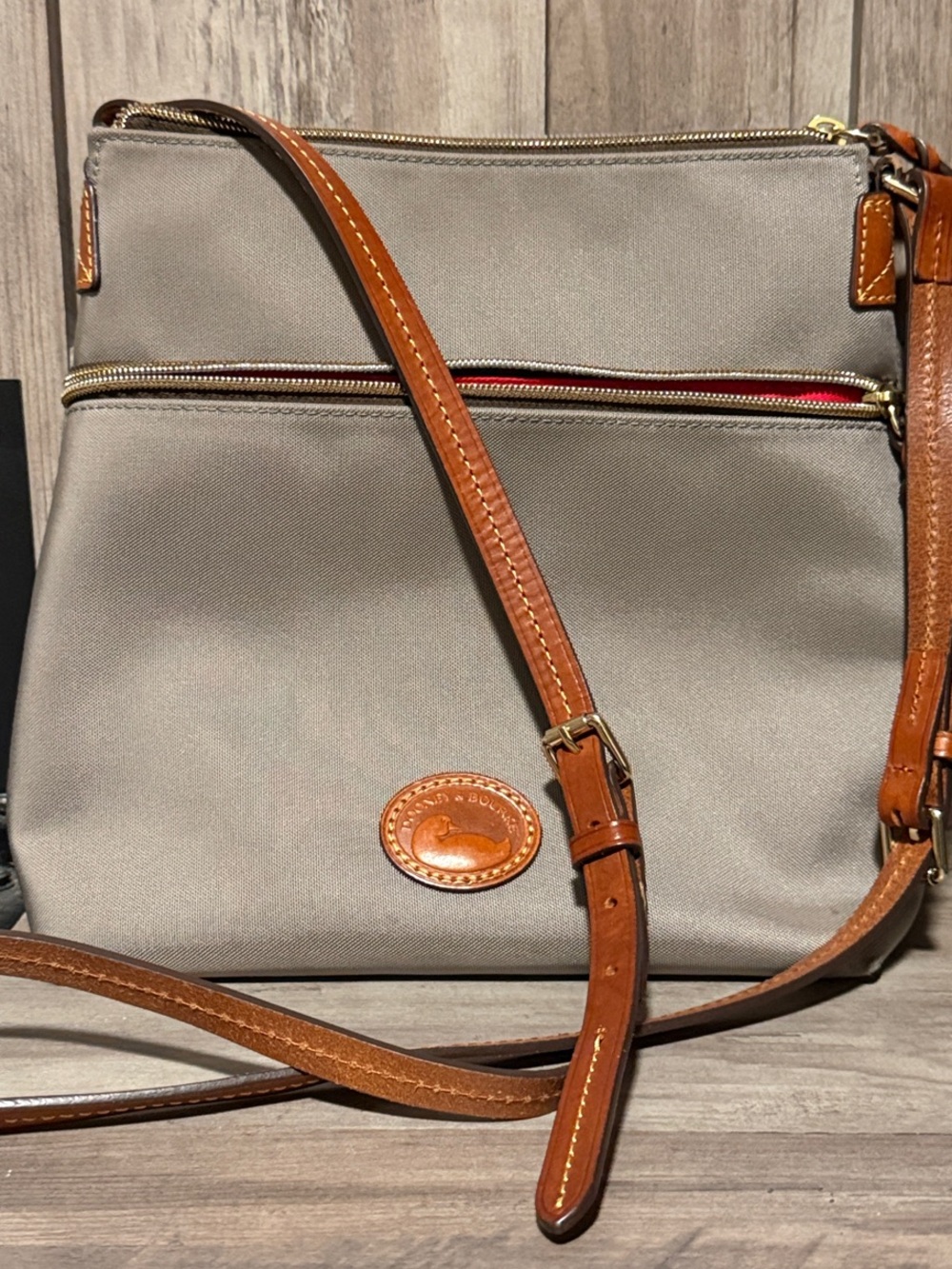 Dooney & Bourke Gray Crossbody with Red Interior & Leather Trim